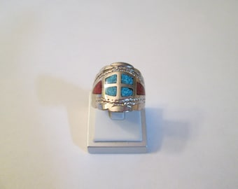 Sterling Silver, Turquoise and Coral Ring Size 10.5