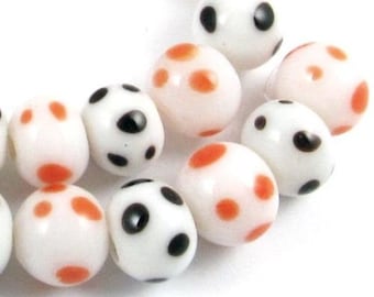 HALLOWEEN Lampwork Glass Bead Set-White + Black & Orange Dots 7mm (30)