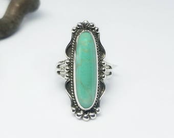 Turquoise Ring~Natural Turquoise Silver Ring~Turquoise Long Oval Ring~Large Turquoise Statement Ring~Turquoise Jewelry~Gift for Her