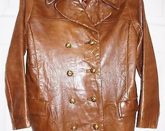 Vintage Wilsons Beverly Hills Brown Leather Double Breasted Pea Coat Jacket S