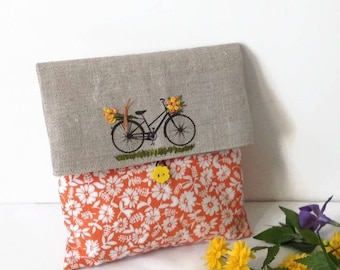 Clutch Bag, Orange foldover Clutch, Cosmetic Bag, Wedding Clutch, Favor Bag, Flower Clutch Bag, Cosmetic Storage, Make up Bag, gift for her