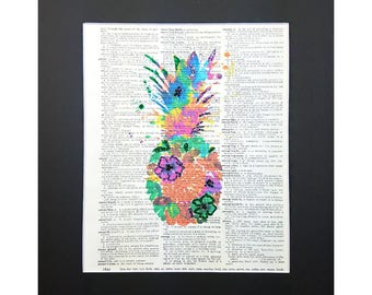 Colorful Pineapple Ananas on Vintage Dictionary Page Art Print, Wall Decor, Digital Manipulation with Sparks of Glitter,