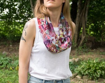 Garden of Eden Chiffon Infinity Scarf - Floral Womens Circle Scarf - Lightweight Loop Scarf - Boho Eternity Scarf