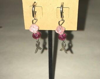 Handmade dangle earrings Breast Cancer Awareness Pink Ribbon