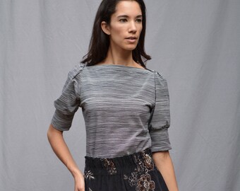 Black and White Stripe Top, Women's Top, Cotton Jersey, puff sleeves, high neckline, modern chic- made to order