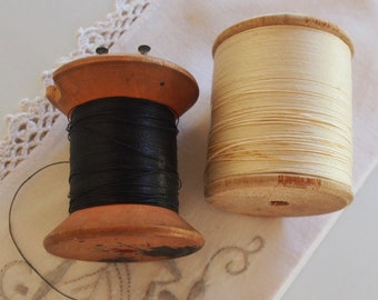 Wooden Spools with Cream and Grey Linen Thread
