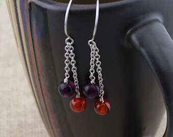 Swingy Sterling Silver Chain Earrings with Carnelian and Rainbow Fluorite Dangles