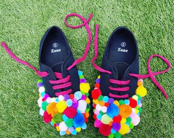 Summer of fun pom pom daps UK Size 6 - perfect for festivals & picnics - pair of black trainers covered in over 100 multicoloured pom poms