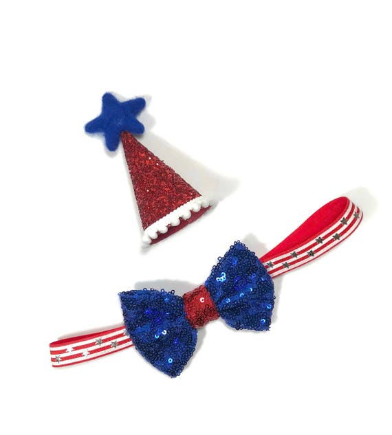 Red White Blue Dog Birthday Hat and Large Bow Tie || Pet Birthday Party Outfit || Pet Puppy Cat Kitten || Kitty Pig Birthday Crown |