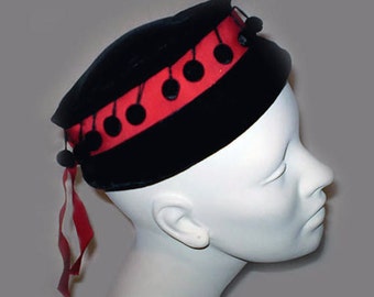 Vintage 50s Black Velvet Hat Red Ribbon Trim