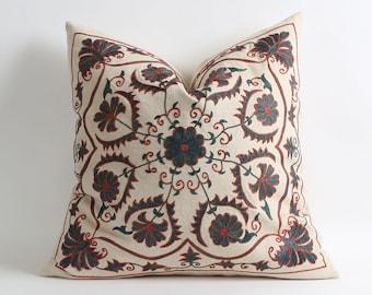 Hand Embroidered Silk Suzani Pillow Cover - Decorative Pillow Cover - Vintage Uzbek Throw Pillow - Cushion Cover - Accent Pillow