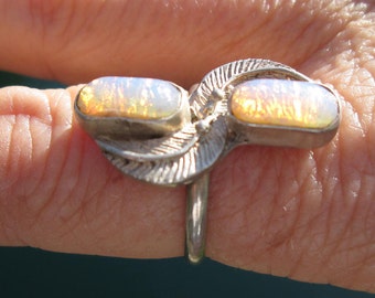 Native American Foil Opal and Sterling Silver Feathers Ring Size 8