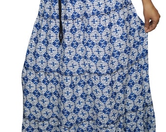 Way Of The Wind Printed Maxi Skirt Blue Gypsy Tiered Summer Cotton Blend Hippie Chic Skirts