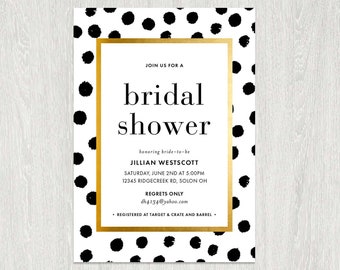 Bridal Shower Invitation | Kate | polka dot pattern Invite | Gold | Black White | Print Your Own | Spade