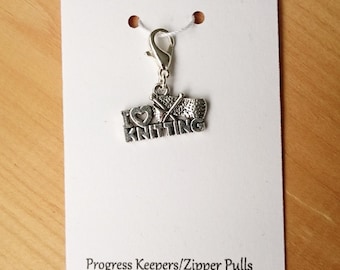Love Knitting Progress Keeper, Knitting Marker, Crochet Stitch Marker, Removable Stitch marker, Zipper Pull for your Project Bag
