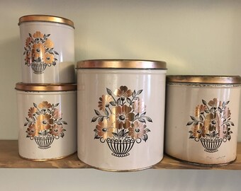 Vintage White Canister Set // Four Piece Nesting Tins// Rose Gold Floral Design // Decoware Decor