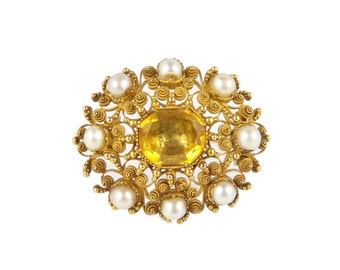 Georgian Citrine Brooch, Antique Citrine Pearl Brooch, In 15ct Gold, Georgian Jewellery, Georgian Brooch, Antique Gold Pearl Brooch