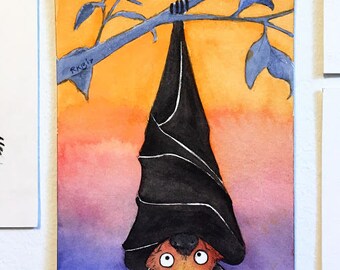 Little Fruit Bat - Original Halloween Watercolor Illustration 5" x 7"