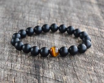 8mm Tiger Eye Bracelet, Matte Onyx Bracelet, Mens Bracelet, Black Bead Bracelet, Womens Gemstone Bracelet, Stretch Bracelet, Handmade Gifts