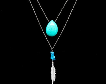 Turquoise and Silver Feather Long Necklace, Double Necklace, Layered Necklace, Turquoise Briolette Drop