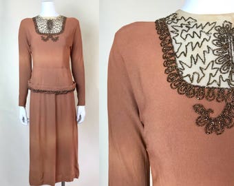 Medium/large •• as is 1940s RUST rayon crepe beaded peplum dress •• vintage forties brown dress