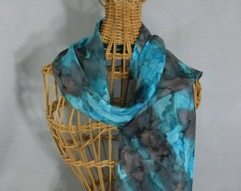 Silk Scarf (Small) "Turquoise and Charcoal Gray", Hand Painted Silk Scarf, Turquoise Scarf