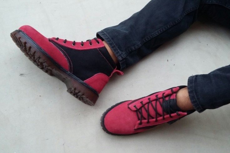 red and black canvas shoes