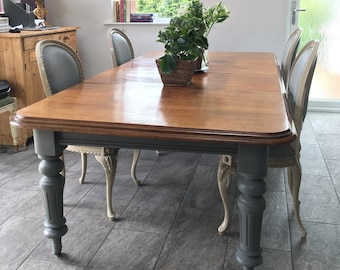 Antique Victorian Dining Table With Two Leaves & A Winder. Seats Up To 12 People. Grey Painted Legs.