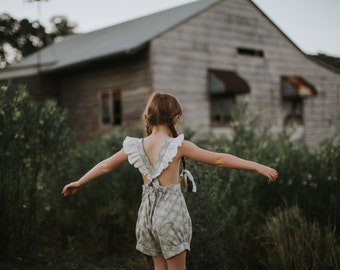 Size 10 Meadowlark Playsuit in Sage, Tilda fabric, cotton kids clothing, flutter straps, overalls, play clothes, summer