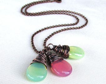 Pastel Opalite Necklace, Antique Copper Rollo Wire Wrapped Pendant, Mint, Pink, Yellow Smooth Briolette - Choose Color