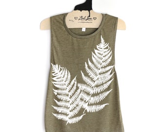 Small- Triblend Olive Muscle Tank with Fern Leaves Screen Print