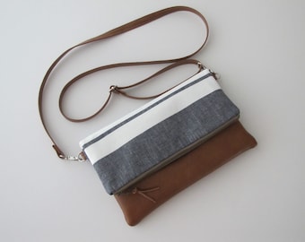 Fold Over Crossbody Bag, Coastal Stripe Crossbody Purse ,Vegan Crossbody Bag, Fold Over Clutch with Crossbody Strap, Mothers Day Gift