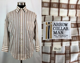 Vintage 70s ARROW "Collar Man" Button-Down Shirt Medium // Mens // Long Collar // Disco Era // Chocolate // Gift // Pocket // Button-Up