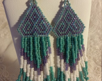 Beadweaved Dangle Earrings in Turquoise and Purple
