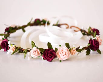 Burgundy and Blush Flower Crown. Blush flower crown. Burgundy flower crown. Burgundy headpiece. Wine flower crown. Pink floral crown. Boho