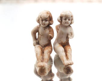Two Sitting Girl Antique German Doll Parts Figurine for Mixed Media Art Assemblage Art Projects G1
