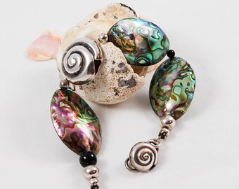 Paua Shell Bracelet, Fine Silver Bracelet,Hill tribes silver Bracelet, statement Bracelet, Abalone and Silver Bracelet, Chunky Bracelet
