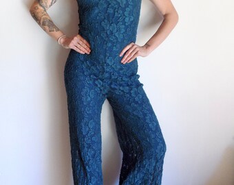 Vintage 90s Betsey Johnson Luxe Jumpsuit- Teal Green Floral Lace - Size Medium M