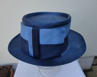 Vintage blue straw boater 52 cm diameter