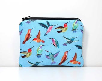 Zipper Coin Purse - Hummingbirds on Blue - Little Zipper Pouch Small Wallet - Humming Birds Small Zipper Pouch with Key Ring or Wrist Strap