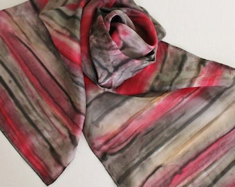 Hand Painted Silk Scarf - Handpainted Scarves Red Black Gray Grey Charcoal Cherry Apple Ruby Tan Cream