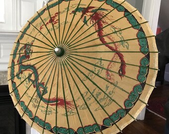 RARE 1950's Rice Paper Bamboo Dragon Umbrella Parasol Japan Chinese