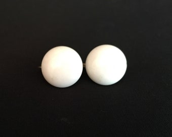 Vintage white button clip on earrings, 1930s 1940s 1950s 1960s fashion 30s 40s 50s 60s