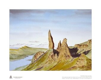 Limited edition giclee print, of my watercolour painting of The Old Man of Storr, Isle of Skye, Scottish Highlands, Size is 400mm x 500mm