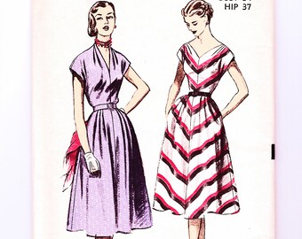 1950s Chevron Dress Pattern Advance Bust 34 Womens Vintage Sewing Pattern 40s V Neck Flared Skirt Dress UNCUT