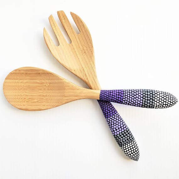 Hand painted salad servers wooden utensils purples