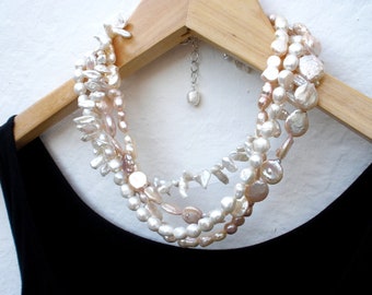 Keshi Pearl and White Pearl Multi Strands 925 Silver Statement Necklace, Keishi Pearl Bib Necklace, June Birthstone