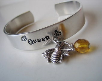 Bee Bracelet - Hand Stamped Cuff Bracelet - Queen Bee Cuff - Stamped Jewelry - Aluminum Bracelet - Bee Jewelry -Bee Cuff Bracelet - Gift