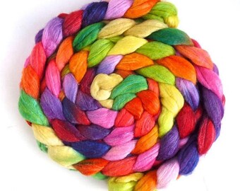 Flower Stand, Merino/ Silk Roving - Handpainted Spinning or Felting Fiber
