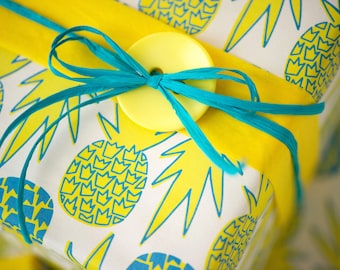 Bold Bright Pineapples with Tropical Pink Flowers Wrapping Paper Design Pattern by Jana Lam // Reversible Gift Wrap for a Unique Package